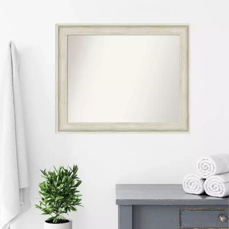 33" x 27" Non-Beveled Regal Birch Cream Bathroom Wall Mirror - Amanti Art: Rectangle, Polystyrene Frame, Wall Mounted