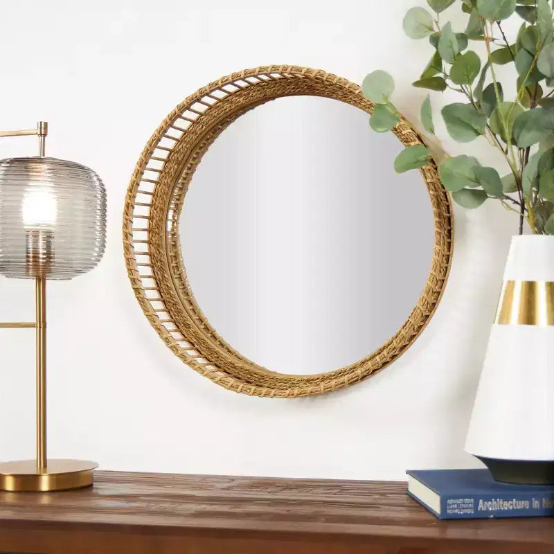 Olivia & May 21"X21" Bamboo Wood Handmade Woven Room Wall Mirror Light Brown