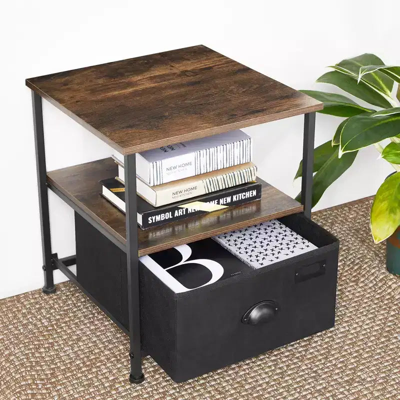 Nightstand, 3-Tier Bedside Table with Drawer, 2 Shelves, Fabric Drawer Dresser, Industrial End Table, for Hallway, Closet, Rustic Brown and Black