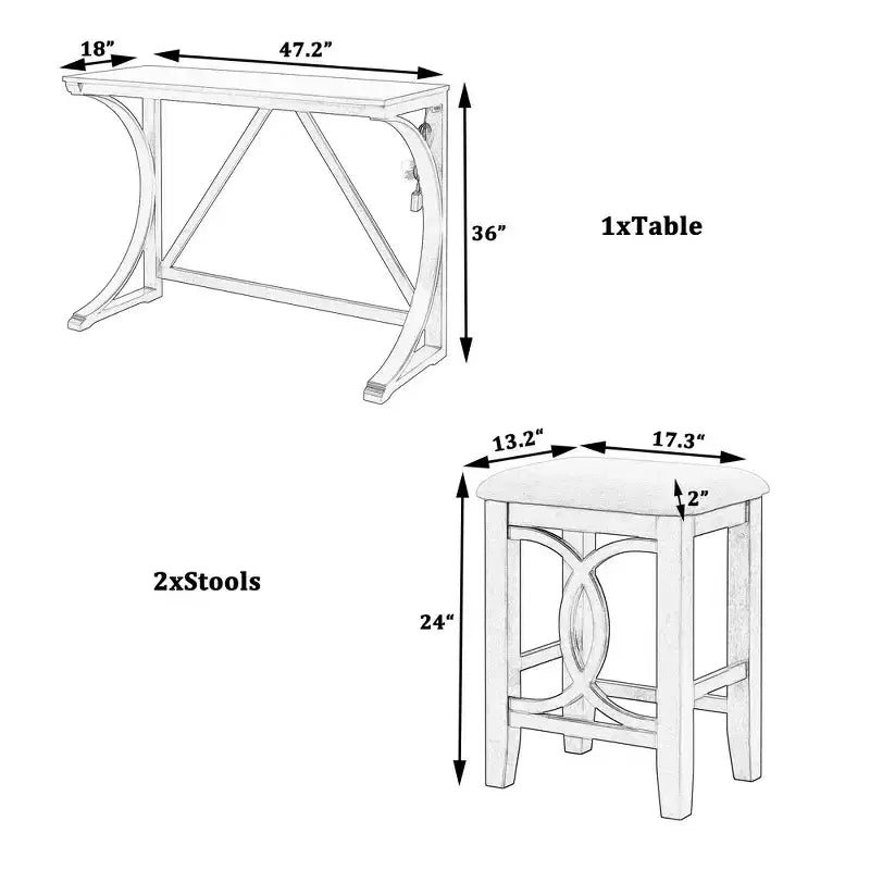 Whisen Farmhouse 3-Piece Counter Height Dining Table Set with USB Port and Upholstered Stools