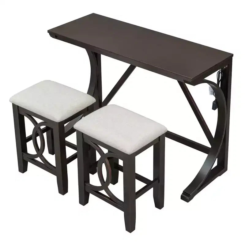 Whisen Farmhouse 3-Piece Counter Height Dining Table Set with USB Port and Upholstered Stools