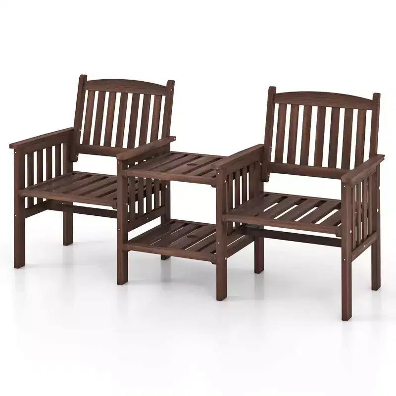 Causeuse d'extérieur Costway en bois de sapin avec table d'appoint à 2 niveaux et trou pour parasol de 5 cm marron/blanc