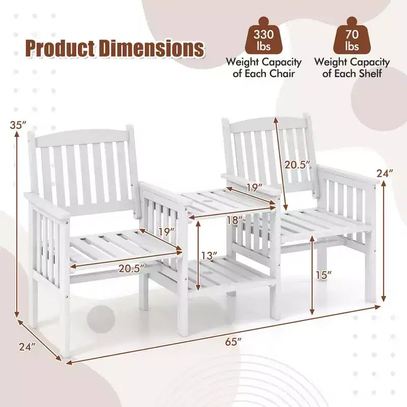 Causeuse d'extérieur Costway en bois de sapin avec table d'appoint à 2 niveaux et trou pour parasol de 5 cm marron/blanc