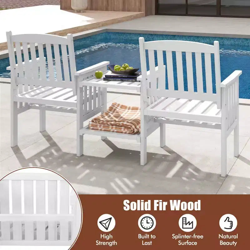 Causeuse d'extérieur Costway en bois de sapin avec table d'appoint à 2 niveaux et trou pour parasol de 5 cm marron/blanc