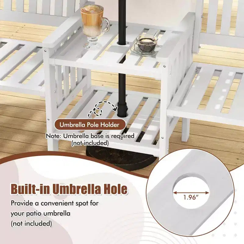 Causeuse d'extérieur Costway en bois de sapin avec table d'appoint à 2 niveaux et trou pour parasol de 5 cm marron/blanc