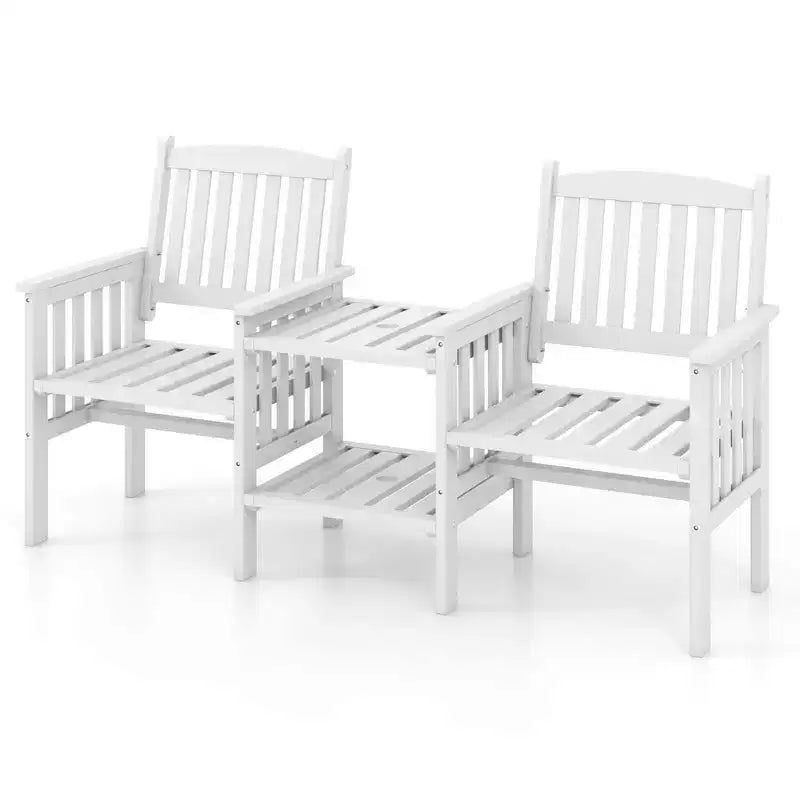 Causeuse d'extérieur Costway en bois de sapin avec table d'appoint à 2 niveaux et trou pour parasol de 5 cm marron/blanc