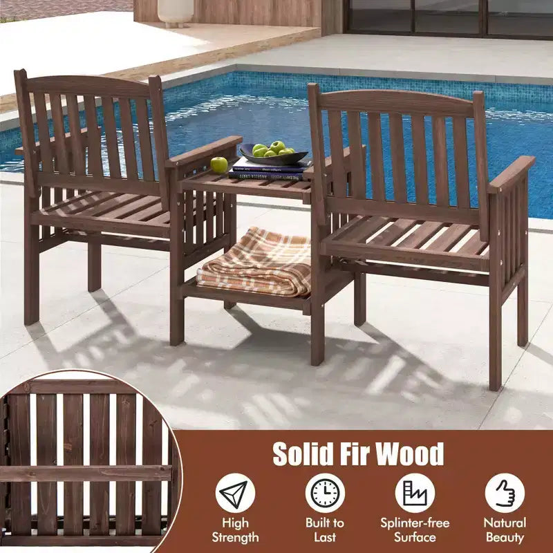 Causeuse d'extérieur Costway en bois de sapin avec table d'appoint à 2 niveaux et trou pour parasol de 5 cm marron/blanc