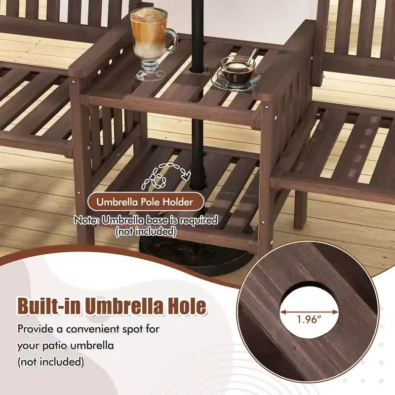 Causeuse d'extérieur Costway en bois de sapin avec table d'appoint à 2 niveaux et trou pour parasol de 5 cm marron/blanc