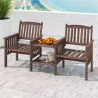 Costway Outdoor Fir Wood Loveseat with 2-Tier Side Table and 1.96 Umbrella Hole Brown/White