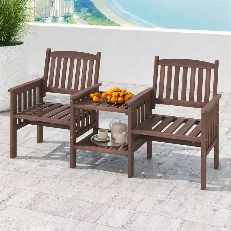 Costway Outdoor Fir Wood Loveseat with 2-Tier Side Table and 1.96 Umbrella Hole Brown/White