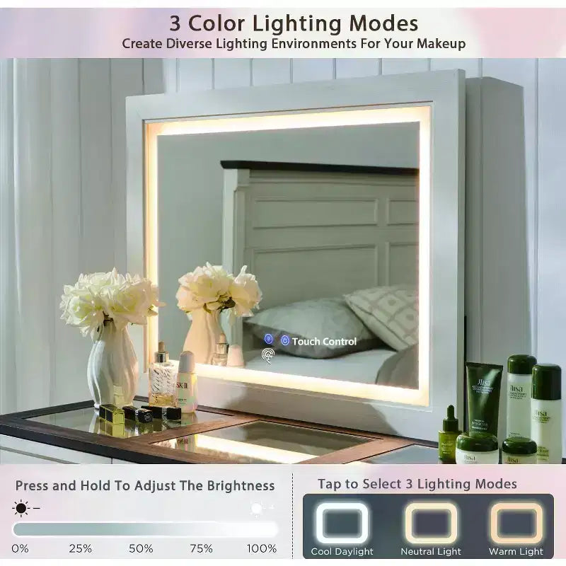69 coiffeuses avec plateau en verre et miroir LED, table de maquillage style ferme avec 9 tiroirs, coiffeuse rustique pour chambre à coucher