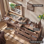 69 coiffeuses avec plateau en verre et miroir LED, table de maquillage style ferme avec 9 tiroirs, coiffeuse rustique pour chambre à coucher