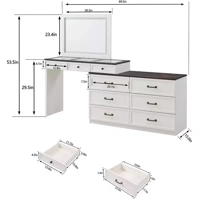 69 coiffeuses avec plateau en verre et miroir LED, table de maquillage style ferme avec 9 tiroirs, coiffeuse rustique pour chambre à coucher