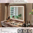 69 coiffeuses avec plateau en verre et miroir LED, table de maquillage style ferme avec 9 tiroirs, coiffeuse rustique pour chambre à coucher