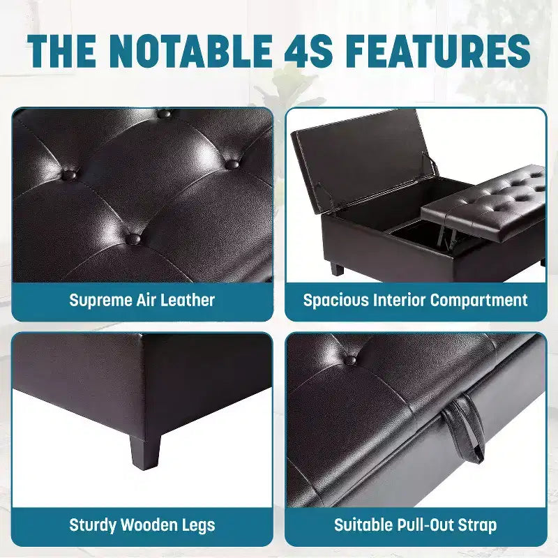 Home Imports Emporium 35 Air Leather Tufted Lift-Top Ottoman  Large Square Storage Coffee Table, Footrest Stool & Toy Organizer