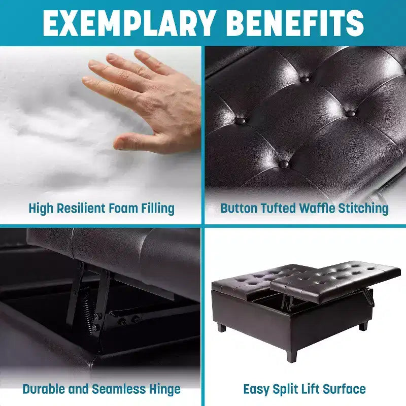Home Imports Emporium 35 Air Leather Tufted Lift-Top Ottoman  Large Square Storage Coffee Table, Footrest Stool & Toy Organizer