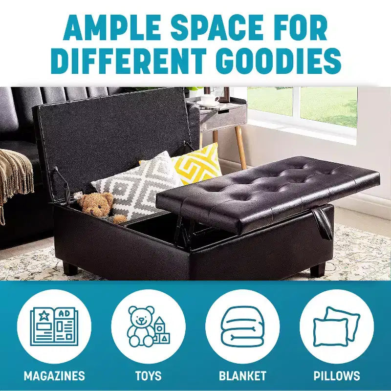 Home Imports Emporium 35 Air Leather Tufted Lift-Top Ottoman  Large Square Storage Coffee Table, Footrest Stool & Toy Organizer