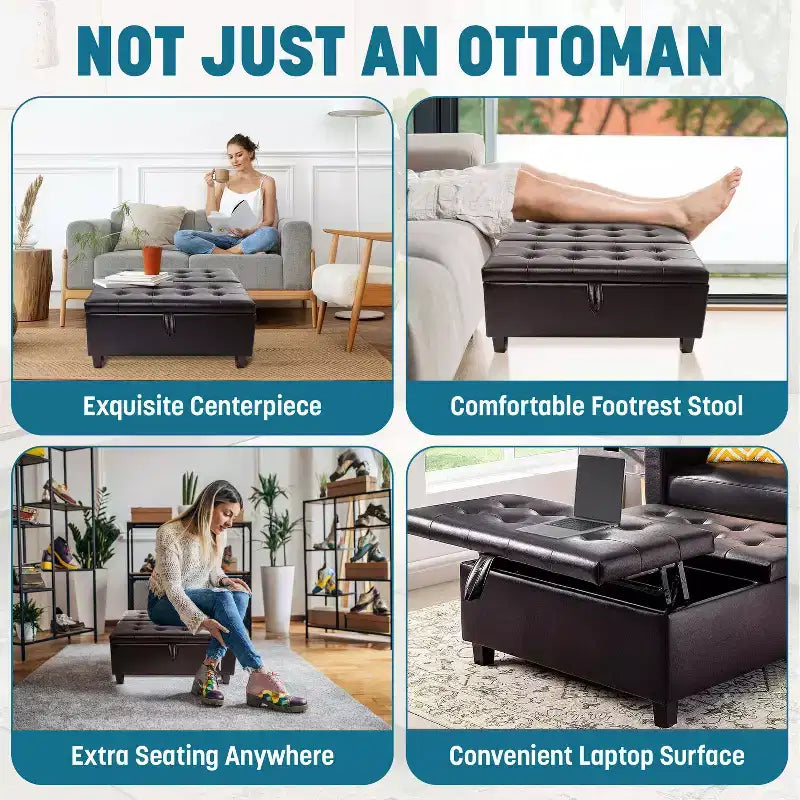 Home Imports Emporium 35 Air Leather Tufted Lift-Top Ottoman  Large Square Storage Coffee Table, Footrest Stool & Toy Organizer