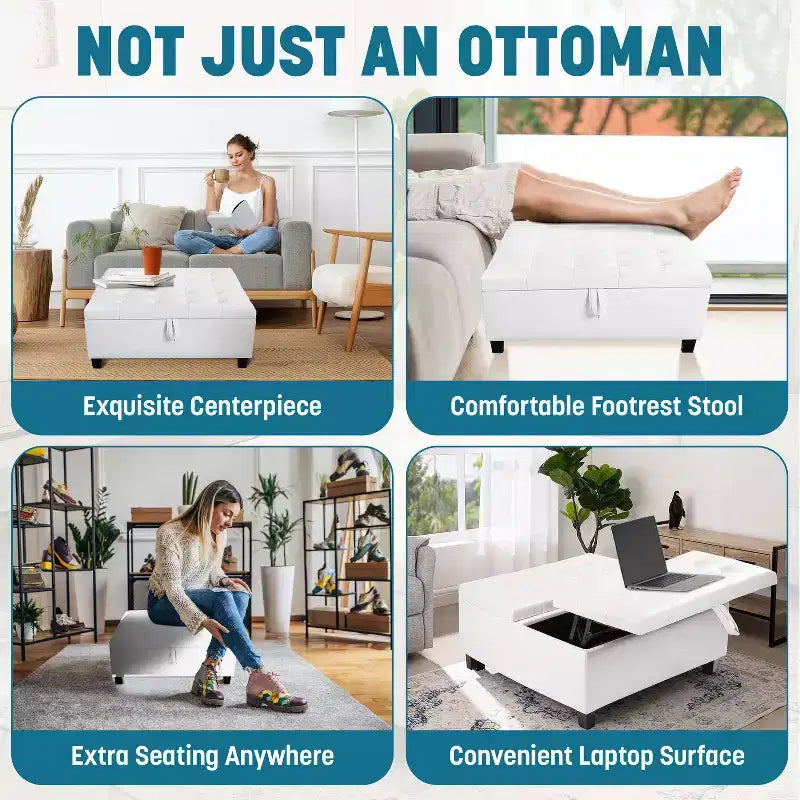Home Imports Emporium 35 Air Leather Tufted Lift-Top Ottoman  Large Square Storage Coffee Table, Footrest Stool & Toy Organizer