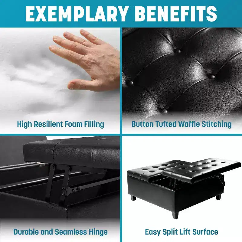 Home Imports Emporium 35 Air Leather Tufted Lift-Top Ottoman  Large Square Storage Coffee Table, Footrest Stool & Toy Organizer