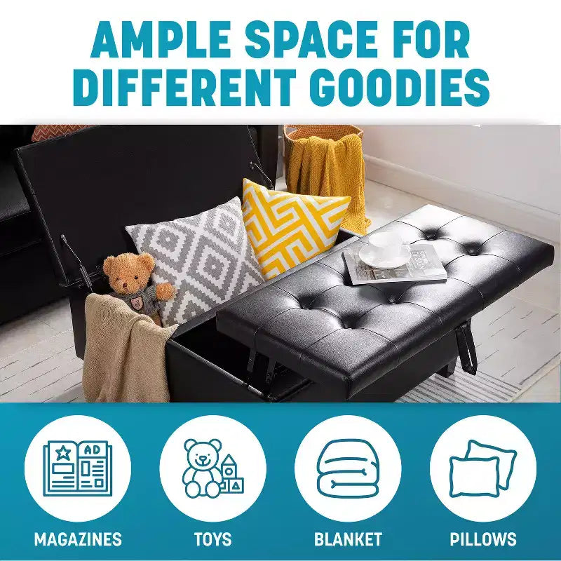 Home Imports Emporium 35 Air Leather Tufted Lift-Top Ottoman  Large Square Storage Coffee Table, Footrest Stool & Toy Organizer