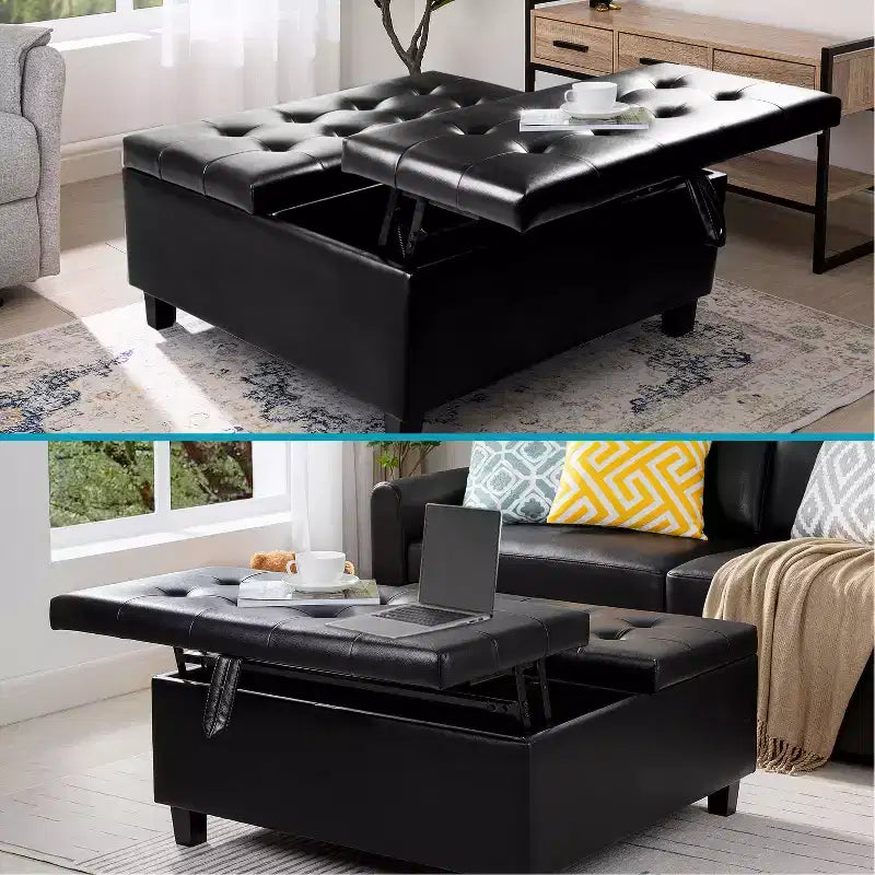 Home Imports Emporium 35 Air Leather Tufted Lift-Top Ottoman  Large Square Storage Coffee Table, Footrest Stool & Toy Organizer