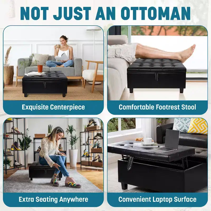 Home Imports Emporium 35 Air Leather Tufted Lift-Top Ottoman  Large Square Storage Coffee Table, Footrest Stool & Toy Organizer
