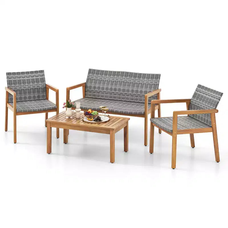 Costway 4 PCS Outdoor Furniture Set, Acacia Wood Frame Sofa Set with Rattan Seat