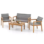 Costway 4 PCS Outdoor Furniture Set, Acacia Wood Frame Sofa Set with Rattan Seat