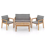 Costway 4 PCS Outdoor Furniture Set, Acacia Wood Frame Sofa Set with Rattan Seat