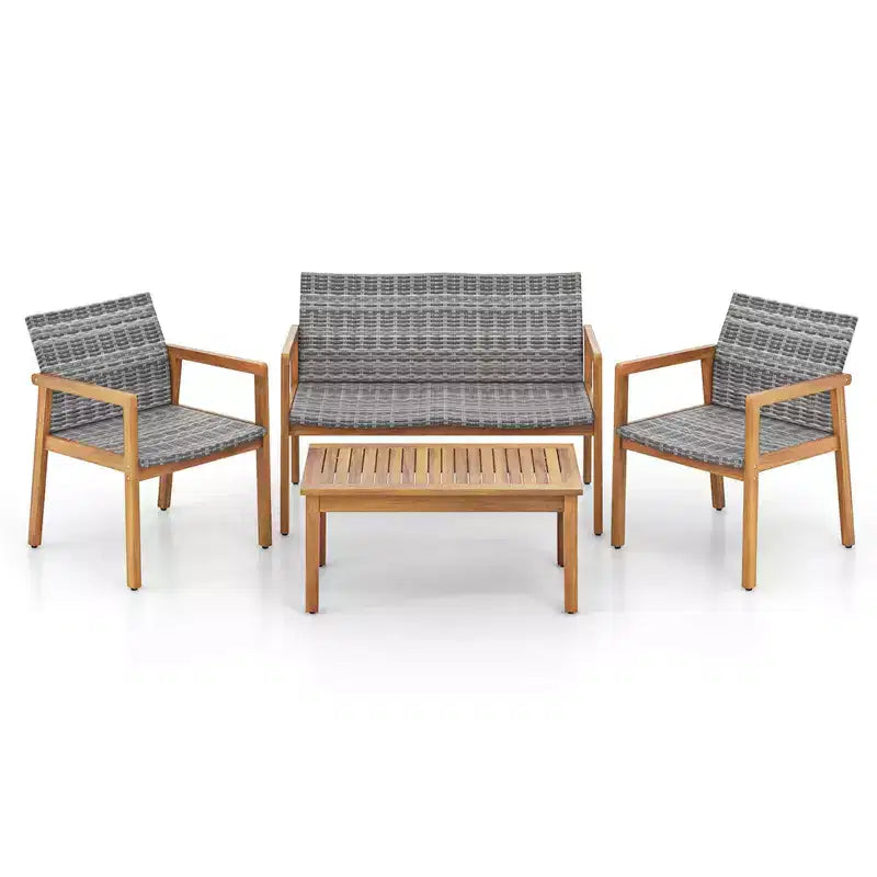 Costway 4 PCS Outdoor Furniture Set, Acacia Wood Frame Sofa Set with Rattan Seat
