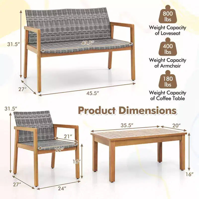 Costway 4 PCS Outdoor Furniture Set, Acacia Wood Frame Sofa Set with Rattan Seat