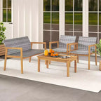 Costway 4 PCS Outdoor Furniture Set, Acacia Wood Frame Sofa Set with Rattan Seat