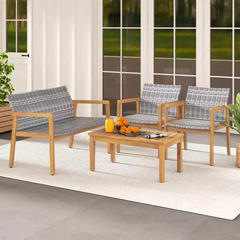 Costway 4 PCS Outdoor Furniture Set, Acacia Wood Frame Sofa Set with Rattan Seat