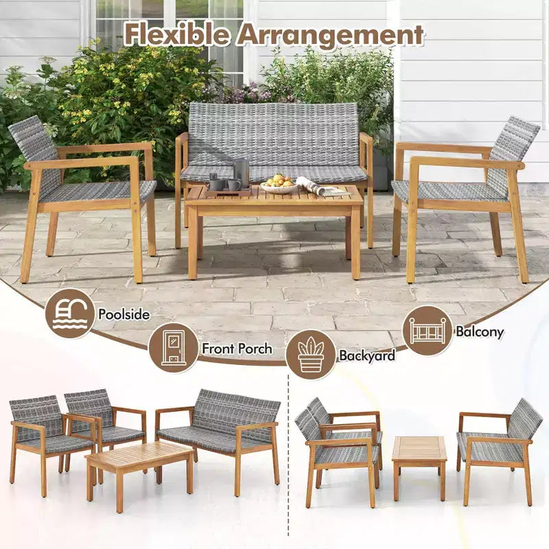 Costway 4 PCS Outdoor Furniture Set, Acacia Wood Frame Sofa Set with Rattan Seat