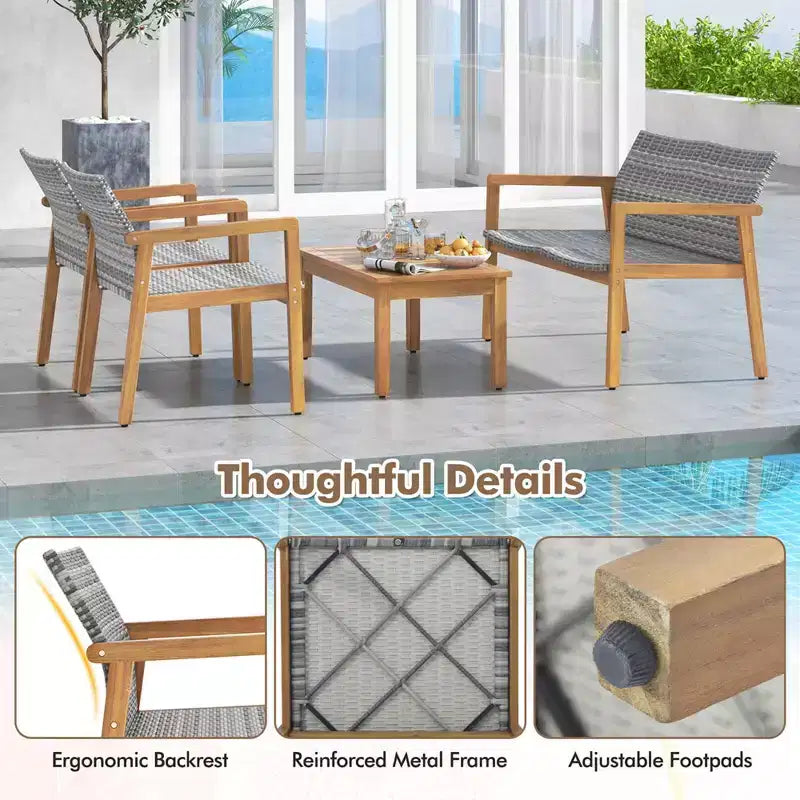Costway 4 PCS Outdoor Furniture Set, Acacia Wood Frame Sofa Set with Rattan Seat