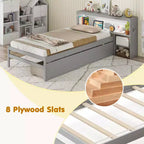 Costway Twin Size Bed Frame with LED Light & Power Outlet Bookcase Headboard Drawers White/Gray