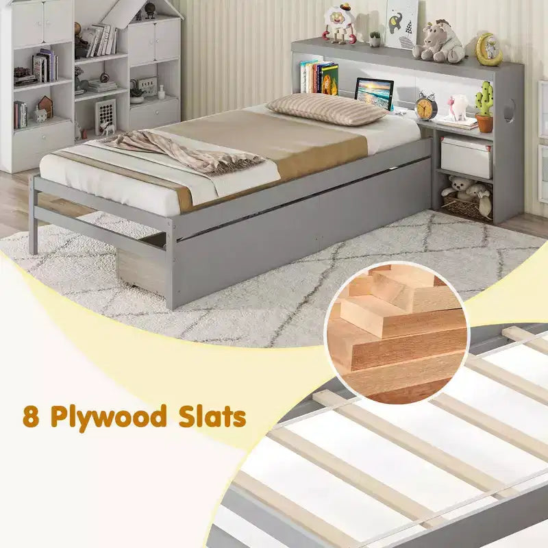 Costway Twin Size Bed Frame with LED Light & Power Outlet Bookcase Headboard Drawers White/Gray
