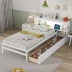 Costway Twin Size Bed Frame with LED Light & Power Outlet Bookcase Headboard Drawers White/Gray