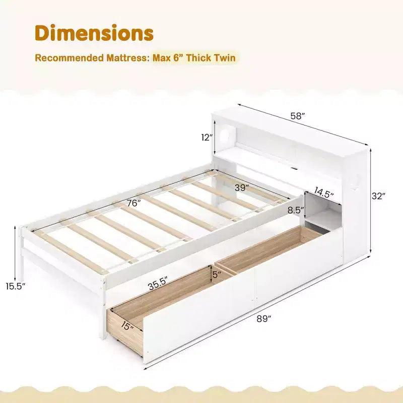 Costway Twin Size Bed Frame with LED Light & Power Outlet Bookcase Headboard Drawers White/Gray