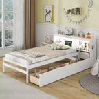 Costway Twin Size Bed Frame with LED Light & Power Outlet Bookcase Headboard Drawers White/Gray