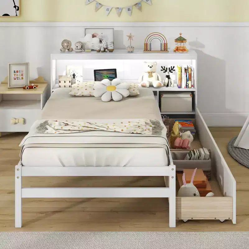 Costway Twin Size Bed Frame with LED Light & Power Outlet Bookcase Headboard Drawers White/Gray