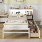 Costway Twin Size Bed Frame with LED Light & Power Outlet Bookcase Headboard Drawers White/Gray