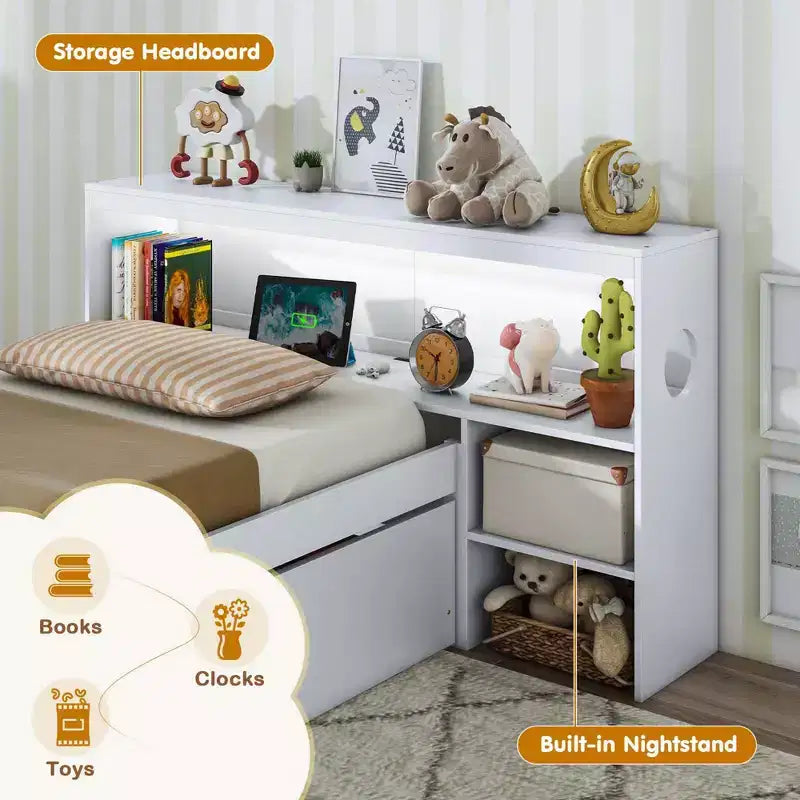Costway Twin Size Bed Frame with LED Light & Power Outlet Bookcase Headboard Drawers White/Gray