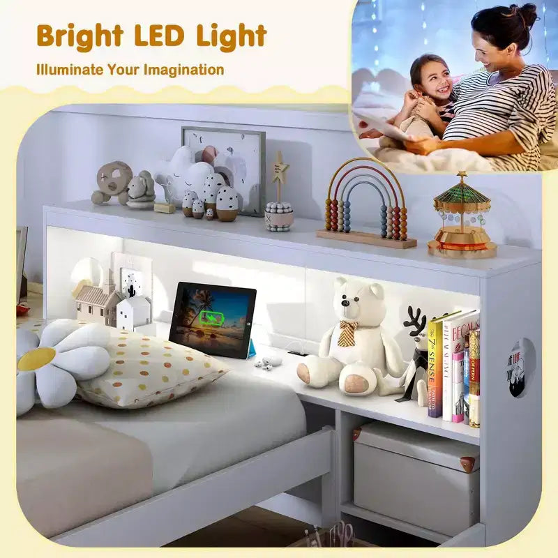 Costway Twin Size Bed Frame with LED Light & Power Outlet Bookcase Headboard Drawers White/Gray
