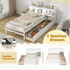 Costway Twin Size Bed Frame with LED Light & Power Outlet Bookcase Headboard Drawers White/Gray