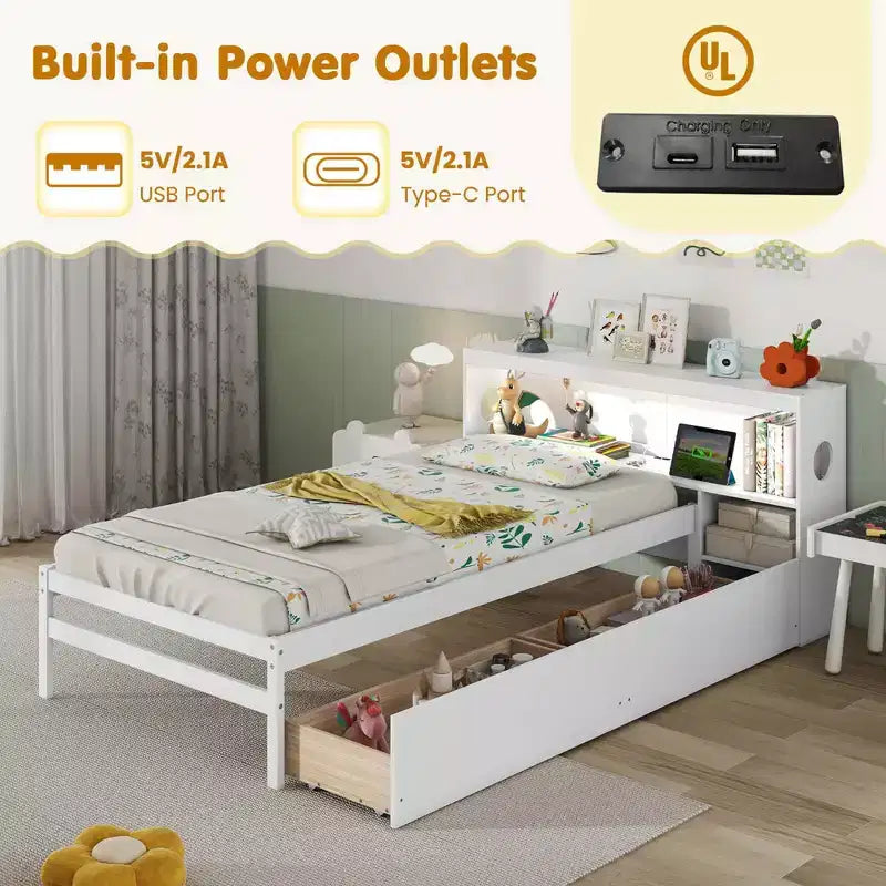 Costway Twin Size Bed Frame with LED Light & Power Outlet Bookcase Headboard Drawers White/Gray
