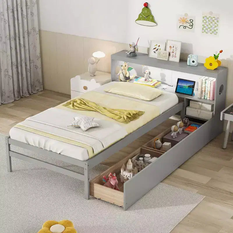 Costway Twin Size Bed Frame with LED Light & Power Outlet Bookcase Headboard Drawers White/Gray
