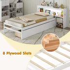 Costway Twin Size Bed Frame with LED Light & Power Outlet Bookcase Headboard Drawers White/Gray