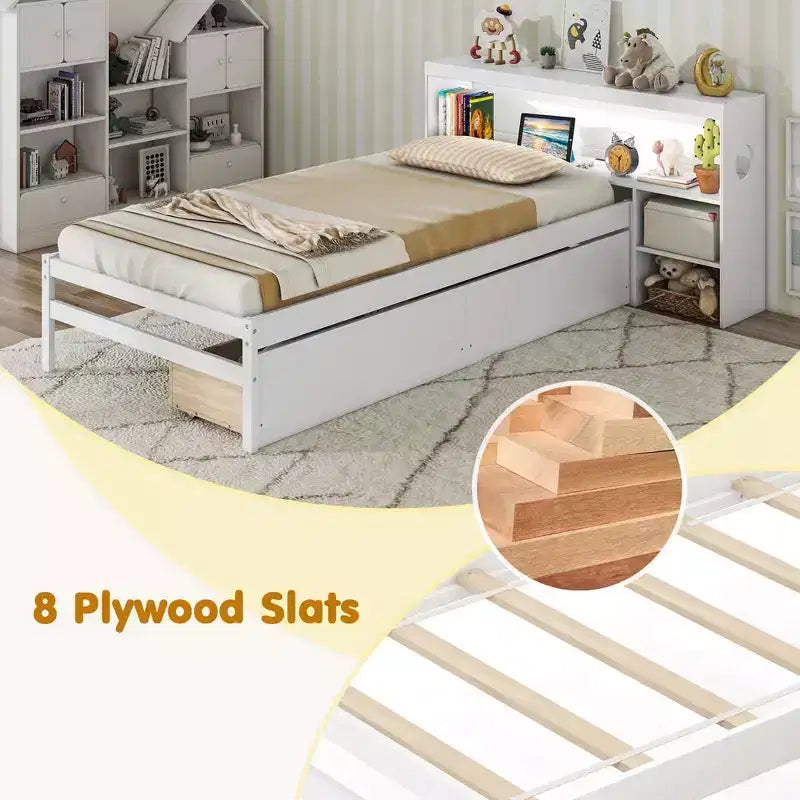 Costway Twin Size Bed Frame with LED Light & Power Outlet Bookcase Headboard Drawers White/Gray